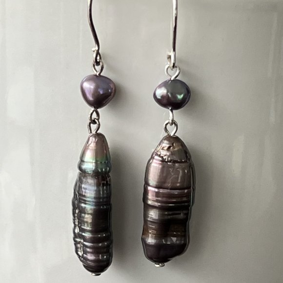 Artisan 925 Sterling Silver Rare Peacock Biwa Stick Pearl Earrings - Picture 2 of 3